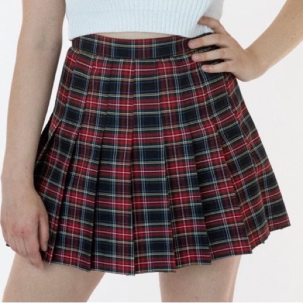 Los Angeles Apparel Plaid Pleated Skirt Black Red Tartan Schoolgirl Tennis Skirt